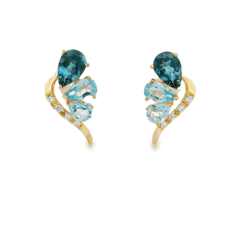 14K YELLOW GOLD EARRINGS 2 = 0.48TW PEAR BLUE TOPAZ  2 = 0.98TW PEAR LONDON BLUE TOPAZ  2 = 0.37TW PEAR SKY BLUE TOPAZ AND 8 = 0.05TW ROUND I-J I1-I2 DIAMONDS