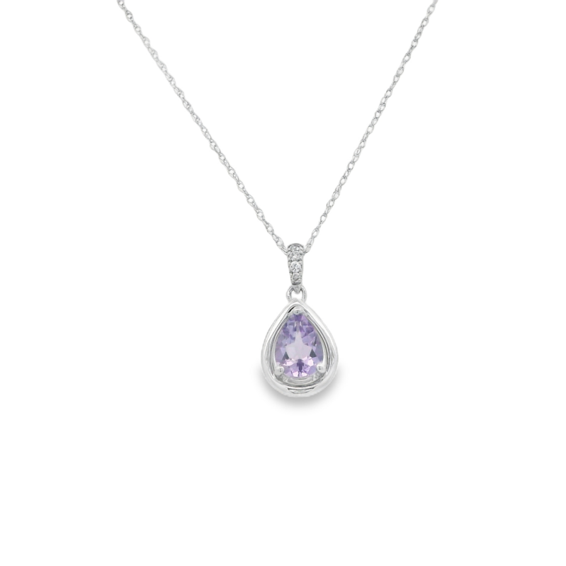 14K WHITE GOLD TEAR DROP PENDANT WITH ONE = 0.65CT PEAR PINK AMETHYST AND 4 = 0.04TW ROUND I-J I1-I2 DIAMONDS