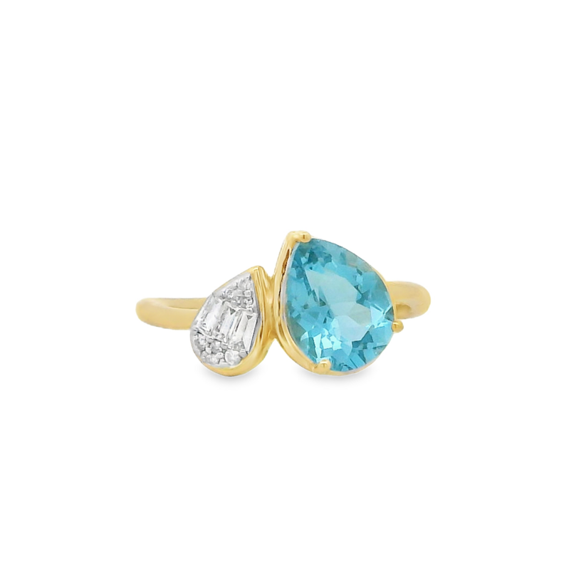 14K YELLOW & WHITE GOLD RING SIZE 7 WITH ONE = 1.88CT PEAR BLUE TOPAZ  7 = 0.03TW ROUND I-J I1-I2 DIAMONDS AND 3=0.08TW TAPERED BAGUETTE I-J I1-I2 DIAMONDS