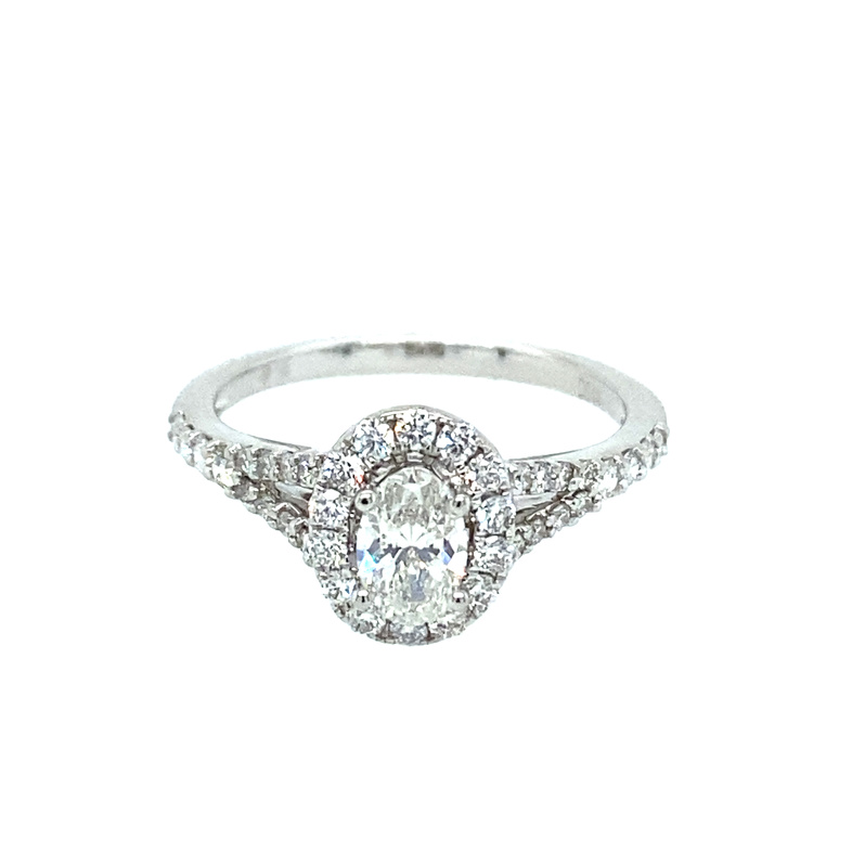 14K WHITE GOLD HALO ENGAGEMENT RING SIZE 6.5 WITH ONE 0.40CT OVAL I SI2 DIAMOND AND 38=0.46TW ROUND H-I SI2-I1 DIAMONDS