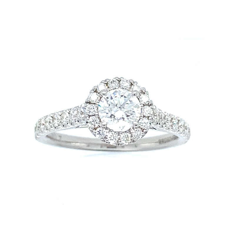 14K WHITE GOLD HALO ENGAGEMENT RING SIZE 7 WITH ONE 0.50CT ROUND G-H I1 DIAMOND AND 30=0.50TW ROUND G-H I1 DIAMONDS
