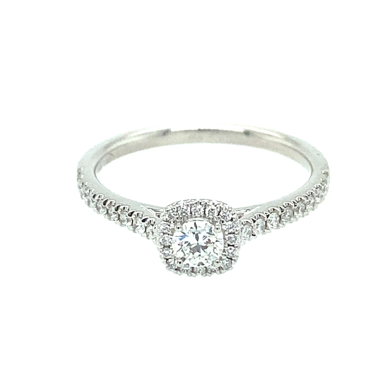 14K WHITE GOLD HALO ENGAGEMENT RING SIZE 6.5 WITH ONE 0.21CT ROUND DIAMOND AND 34=0.29TW ROUND G-H SI3-I1 DIAMONDS