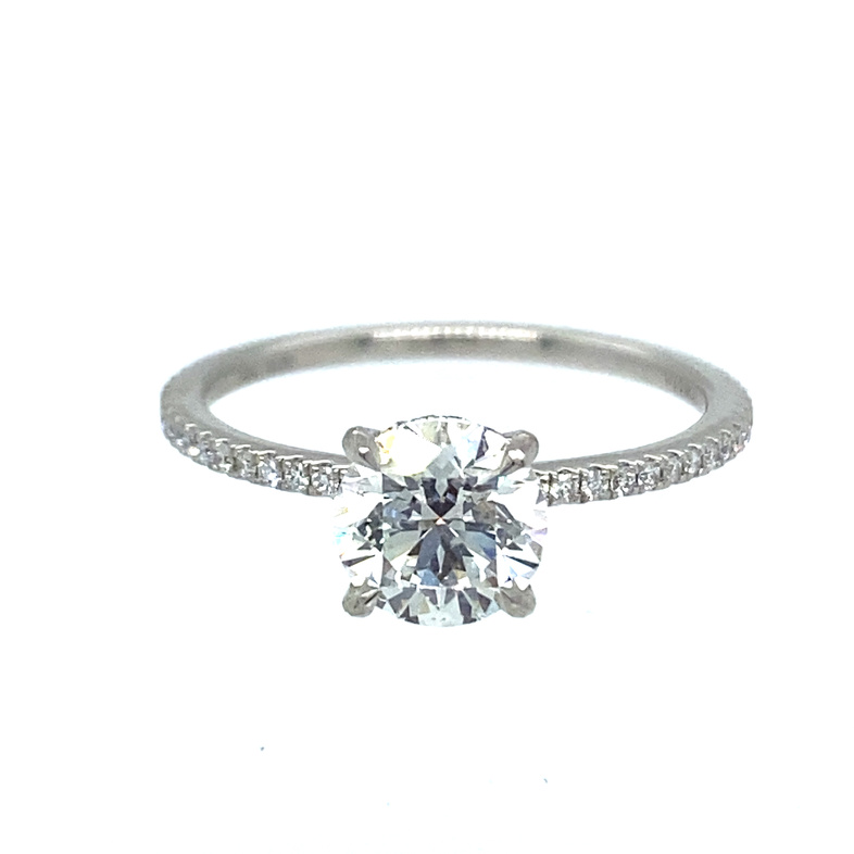 PLATINUM DEBEERS FOREVERMARK ENGAGEMENT RING SIZE 6.5 WITH ONE 1.03CT ROUND H SI2 DIAMOND AND 52=0.24TW ROUND G-H SI2 DIAMONDS