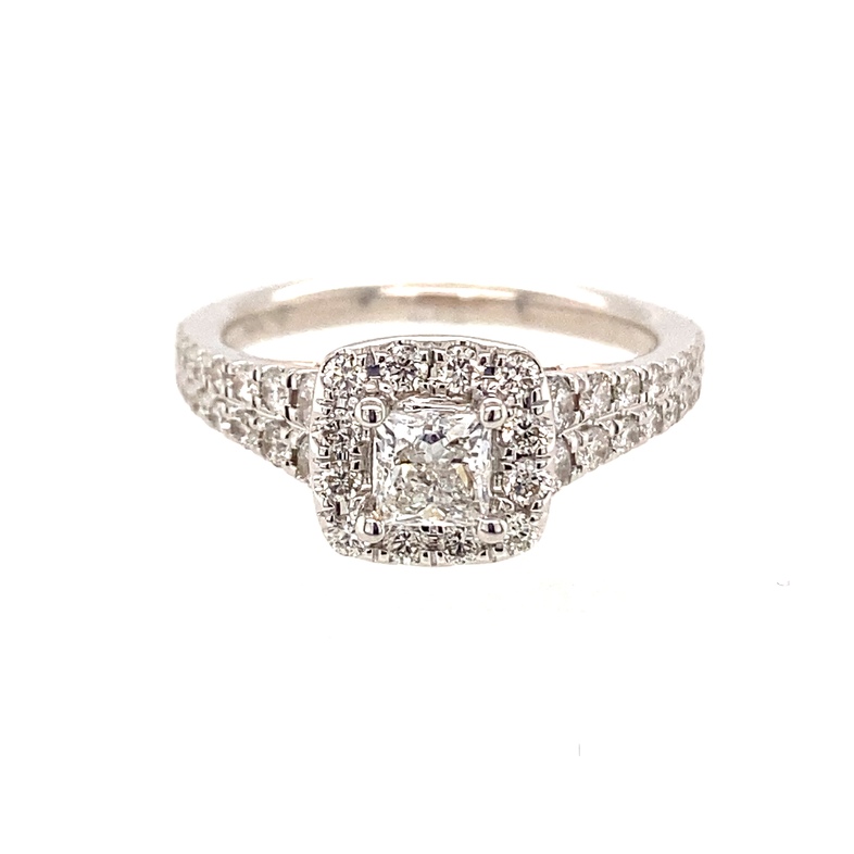 14K WHITE GOLD HALO ENGAGEMENT RING SIZE 6.5 WITH ONE 0.38CT PRINCESS I SI2 DIAMOND AND 40=0.75TW ROUND H-I SI2-I1 DIAMONDS