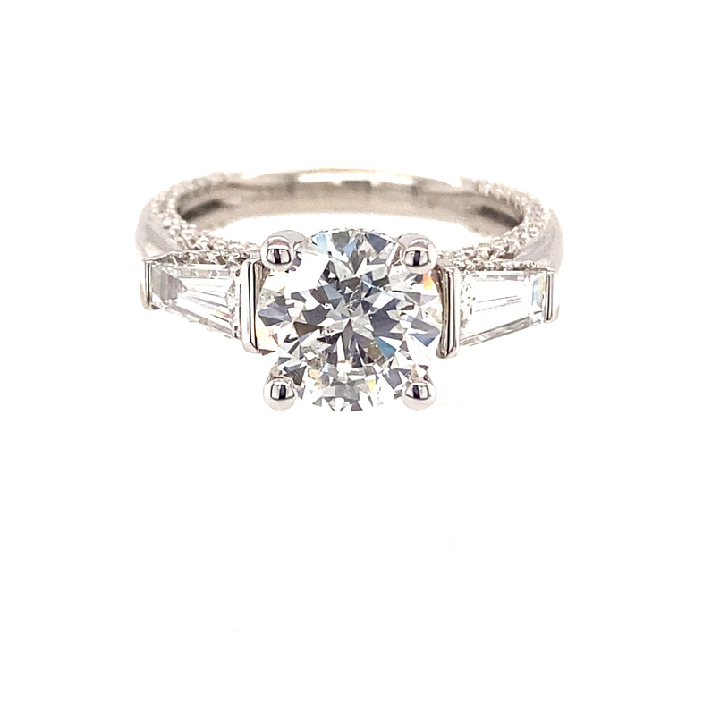 18K WHITE GOLD ENGAGEMENT RING SIZE 6.75 WITH 1=2.01 ROUND G SI2 GIA : 2397704414   96=0.40TW ROUND F-G SI1-SI2 DIAMONDS  2=0.49TW BAGUETTE F-G SI1-SI2 DIAMONDS