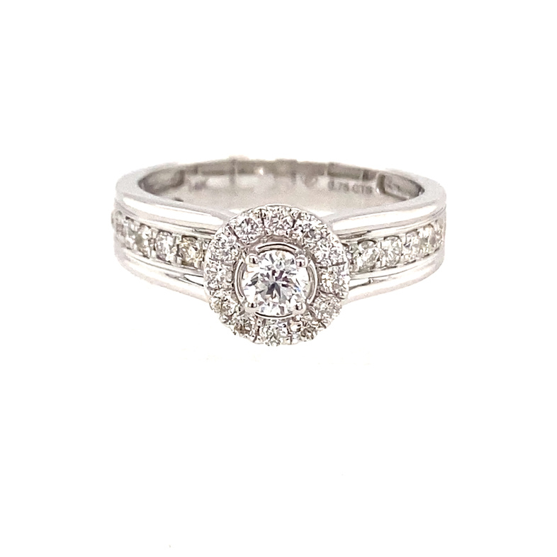 14K WHITE GOLD HALO ENGAGEMENT RING SIZE 7 WITH ONE ROUND I I1 DIAMOND AND 28=0.55TW ROUND I I1 DIAMONDS   (3.46 GRAMS)