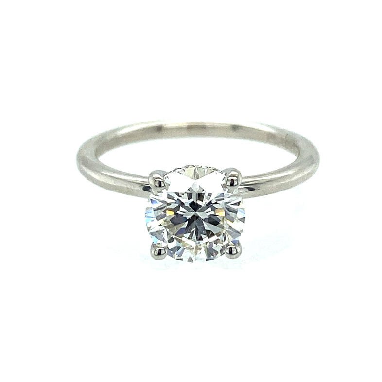 PLATINUM SOLITAIRE FLYER FIT ENGAGEMENT RING SIZE 6.5 WITH ONE 1.50CT ROUND I SI2 DIAMOND GIA: 6217850024 AND 16=0.04TW ROUND H-I SI2 DIAMONDS