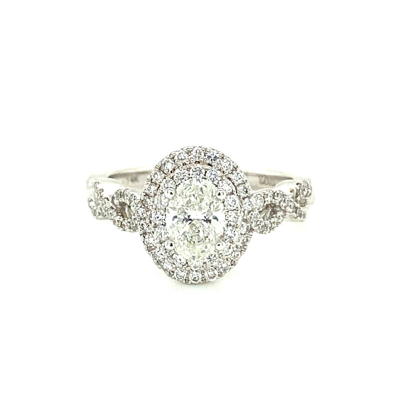14K WHITE GOLD HALO ENGAGEMENT RING SIZE 7 WITH ONE 0.70CT OVAL I SI2 DIAMOND AND 86=0.50TW ROUND H-I SI2-I1 DIAMONDS
