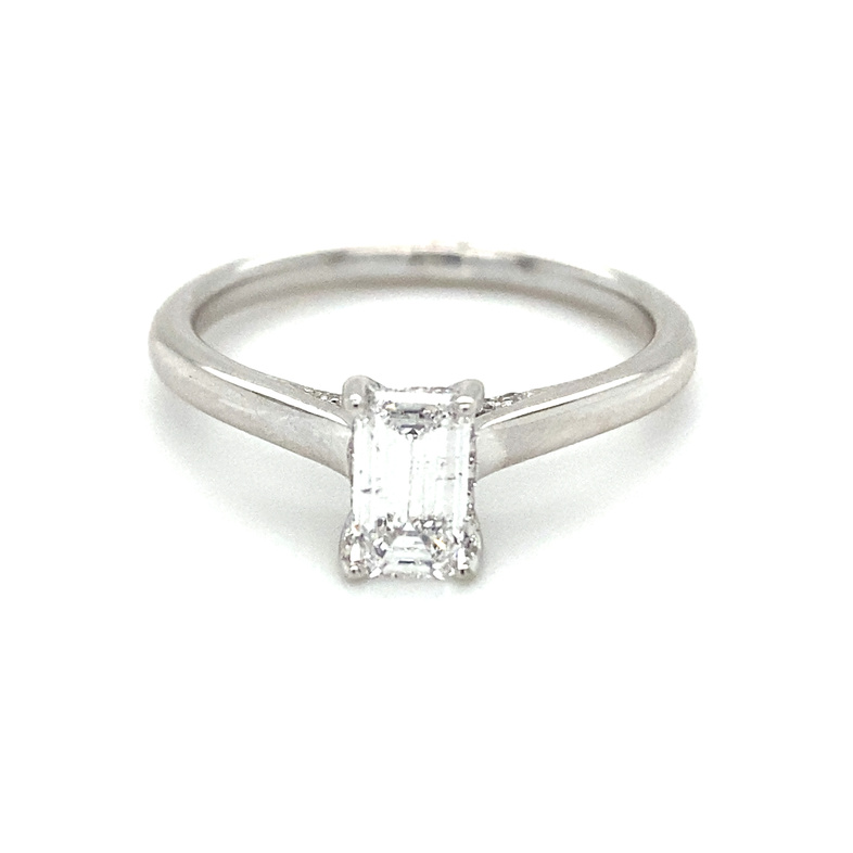 14K WHITE GOLD SOLITAIRE HIDDEN HALO ENGAGEMENT RING SIZE 7 WITH ONE 0.60CT EMERALD G SI2 DIAMOND AND 29=0.10TW ROUND G-H SI2-I1 DIAMONDS