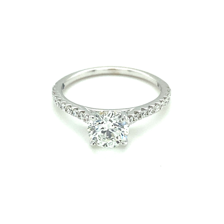 14K WHITE GOLD ENGAGEMENT RING SIZE 6.5 WITH ONE 1.01CT ROUND H SI1 DIAMOND AND 34=0.27TW ROUND G-H VS2-SI1 DIAMONDS