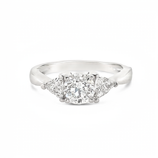 14K WHITE GOLD 3 STONE ENGAGEMENT RING SIZE 6.75 WITH ONE 0.80CT ROUND I I1 DIAMOND AND 2=0.44TW TRILLIAN H-I SI2 DIAMONDS   (2.99 GRAMS)