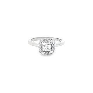 14K WHITE GOLD HALO ENGAGEMENT RING WITH ONE 0.46CT PRINCESS H-I SI2-I1 DIAMOND AND 16=0.23TW ROUND H-I SI2-I1 DIAMONDS   (2.75 GRAMS)