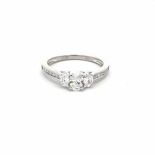 18K WHITE GOLD CHANNEL SET ENGAGEMENT RING SIZE 6.5 ONE 0.36CT OVAL G VS2-SI1 DIAMOND  2=0.27TW OVAL G VS2-SI1 DIAMONDS  AND 16=0.17TW ROUND H SI2 DIAMONDS   (3.13 GRAMS)