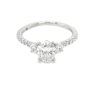 14K WHITE GOLD 3 STONE ENGAGEMENT RING SIZE 6.5 WITH ONE 1.01CT OVAL G VS2 DIAMOND  16 ROUND G-H VS2-SI1 DIAMONDS AND 2 OVAL G-H VS2-SI1 =0.41TW