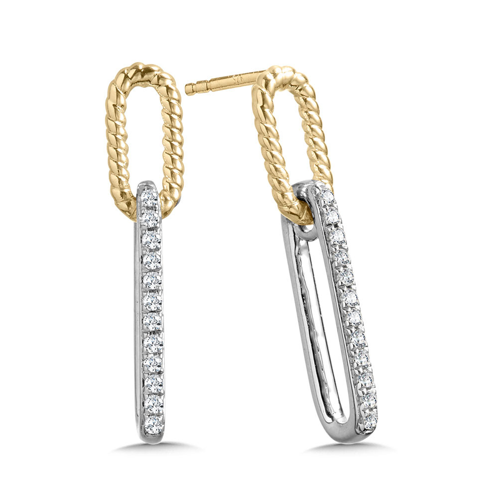 10K YELLOW & WHITE GOLD ROPE DROP DIAMOND EARRINGS WITH 24=0.10TW SINGLE CUT H-I I1 DIAMONDS   (1.81 GRAMS)