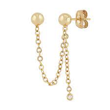14K YELLOW GOLD BALL CHAIN EARRINGS WITH ONE 0.03CT ROUND DIAMOND