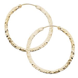 14K YELLOW GOLD MEDIUM FLAT WIRE HAMMERED HOOP EARRINGS