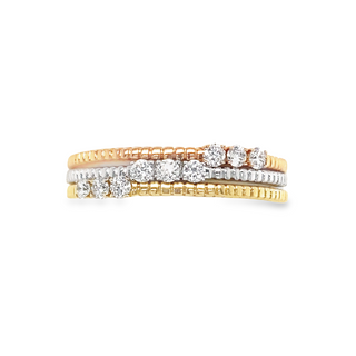 14K WHITE  YELLOW & ROSE STACKABLE DIAMOND FASHION RING WITH 9=0.26TW ROUND G-H SI1-SI2 DIAMONDS