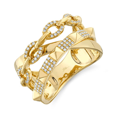 SHY CREATION 14K YELLOW GOLD PYRAMID LINK DIAMOND FASHION RING SIZE 7 WITH 88=0.22TW SINGLE CUT I I1 DIAMONDS
