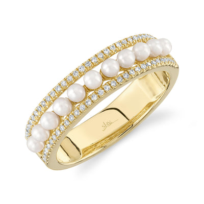 14K YELLOW GOLD RING SIZE 7 WITH 11=2.00MM ROUND PEARLS AND 62=0.14TW SINGLE CUT I I1 DIAMONDS