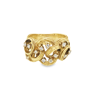 14K YELLOW GOLD DIAMOND FASHION RING WITH 12=0.18TW SINGLE CUT H-I VS1-VS2 DIAMONDS  GRAM WEIGHT: 7.216 (ESTATE ITEM:  ALL SALES FINAL  AS IS  NO WARRANTY)