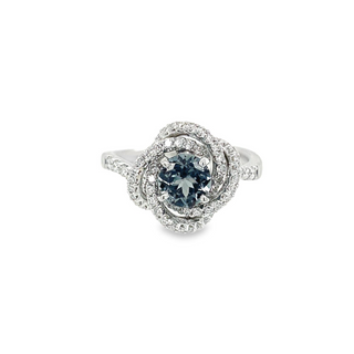 14K WHITE GOLD FLORAL HALO RING SIZE 7 WITH ONE 6.00MM ROUNDD GREY SPINEL AND 74=0.55TW ROUND H-I SI2-SI3 DIAMONDS