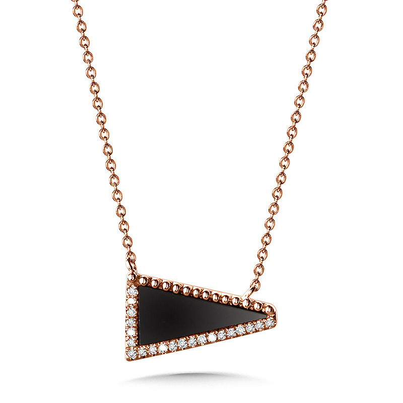 14K ROSE GOLD HALO PENDANT WITH ONE 0.47CT TRIANGULAR ONYX AND 21=0.05TW SINGLE CUT G-H I1 DIAMONDS 17