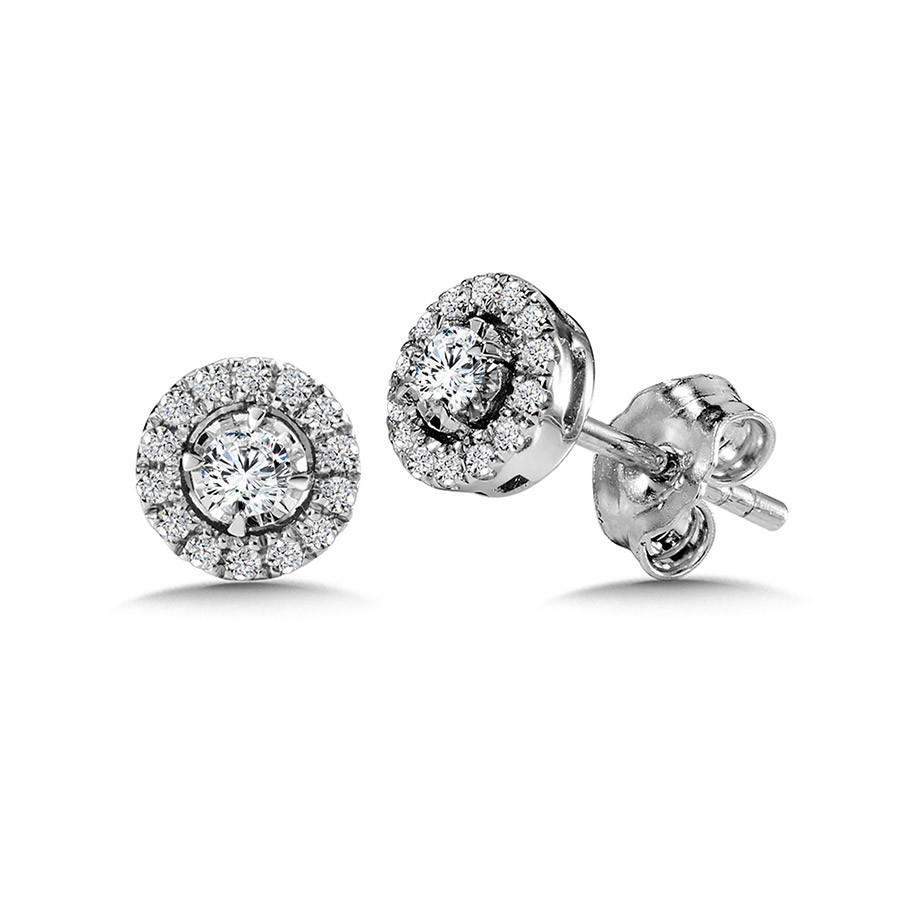 14K WHITE GOLD STUD DIAMOND EARRINGS WITH 30=0.25TW ROUND H-I I1 DIAMONDS  (1.46 GRAMS)
