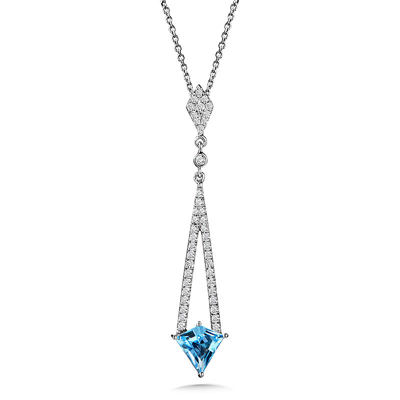 14K WHITE GOLD PENDANT WITH ONE 0.92CT KITE SHAPE BLUE TOPAZ AND 42=0.25TW ROUND G-H SI1-SI2 DIAMONDS 16