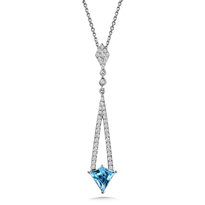 14K WHITE GOLD PENDANT WITH ONE 0.92CT KITE SHAPE BLUE TOPAZ AND 42=0.25TW ROUND G-H SI1-SI2 DIAMONDS 16