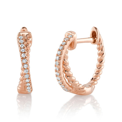 SHY CREATION 14K ROSE GOLD HUGGIE DIAMOND EARRINGS WITH 28=0.06TW SINGLE CUT I I1 DIAMONDS