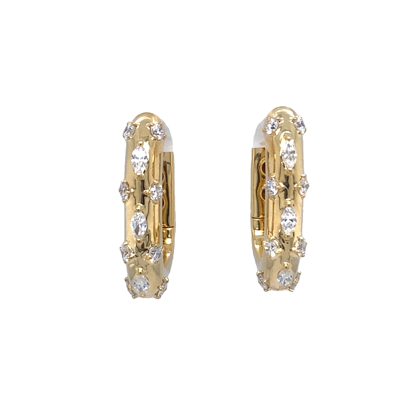 18K YELLOW GOLD SQUARE HOOP DIAMOND EARRINGS WITH 6 = MARQUISE DIAMONDS AND 16 = ROUND DIAMONDS  1.17TW ROUND H-I SI1-SI2