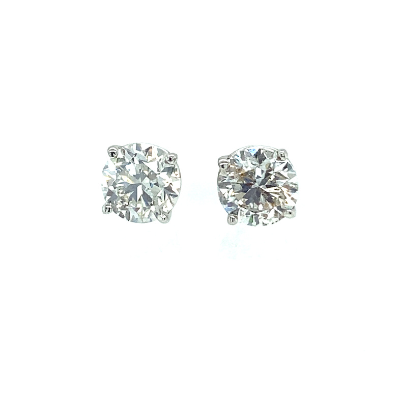 14K WHITE GOLD B STUD DIAMOND EARRINGS WITH 2=2.01TW ROUND G-H I1 DIAMONDS WITH THREADED BACKS