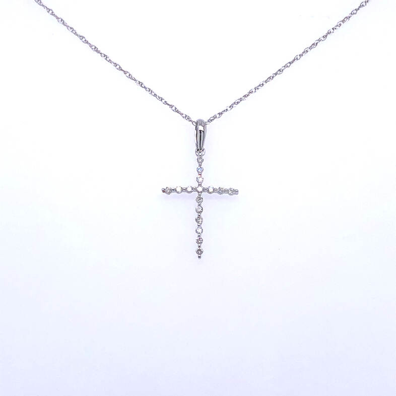 14K WHITE GOLD CROSS DIAMOND PENDANT WITH 16=0.10TW ROUND I I1 DIAMONDS ON 18