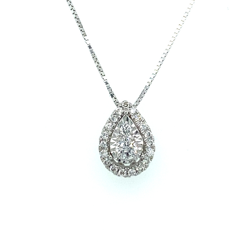 14K WHITE GOLD HALO DIAMOND PENDANT WITH 21=0.25TW ROUND H-I I1 DIAMONDS ON A 14KT WHITE GOLD 18