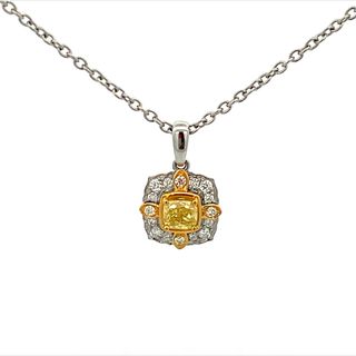 LE VIAN PLATINUM & 18 KARAT HONEY GOLD HALO DIAMOND PENDANT ONE 0.36CT CUSHION VS2 SUNNY YELLOW DIAMOND  12=0.08TW ROUND G-H SI1-SI2 VANILLA DIAMONDS  4=0.03TW ROUND VS2 SUNNY YELLOW DIAMONDS 18