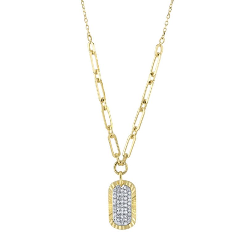14K YELLOW GOLD DIAMOND PAVE DOG TAG LINK NECKLACE WITH 52=0.15TW SINGLE CUT I I1 DIAMONDS ON 18