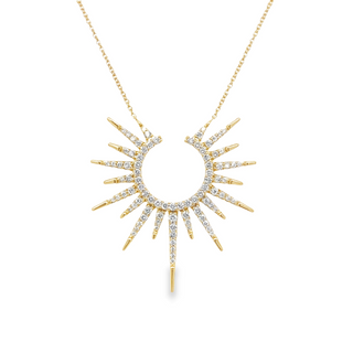 14 KARAT YELLOW GOLD SUN BURST DIAMOND NECKLACE WITH 90=0.75TW ROUND H-I COLOR I1 CLARITY DIAMONDS 18