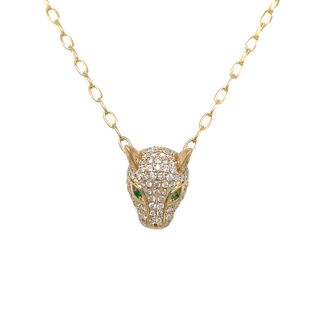 14K YELLOW GOLD PANTHER DIAMOND NECKLACE WITH 105=0.71TW ROUND G-H SI2 DIAMONDS AND 2=0.02TW ROUND EMERALDS ON PAPERCLIP CHAIN