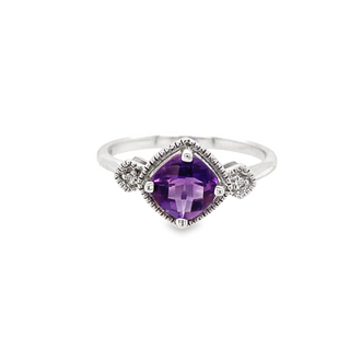 10K WHITE GOLD RING SIZE 7 WITH ONE 0.72CT CUSHION AMETHYST AND 2=0.01TW ROUND H-I SI2-I1 DIAMONDS