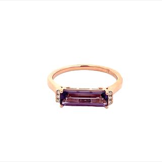 14K ROSE GOLD RING SIZE 7 WITH ONE 1.34CT ELONGATED BAGUETTE AMETHYST AND 6=0.04TW ROUND G-H SI2 DIAMONDS   (2.58 GRAMS)