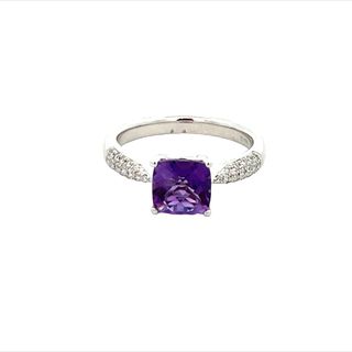 14K WHITE GOLD RING SIZE 7 WITH ONE 1.42CT CUSHION AMETHYST AND 34=0.18TW ROUND G-H SI2 DIAMONDS