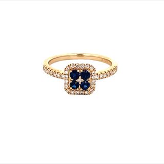 14K YELLOW GOLD HALO RING SIZE 7 WITH 4=0.33TW ROUND BLUE SAPPHIRES AND 35=0.21TW ROUND H-I SI2 DIAMONDS   (2.63 GRAMS)