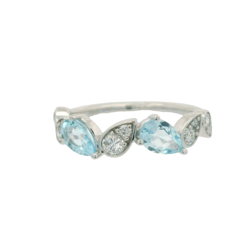 14K WHITE GOLD RING SIZE 7 WITH 2 = 0.71TW PEAR AQUAS AND ONE = 0.36CT ROUND H-I SI2 DIAMOND   (2.79 GRAMS)