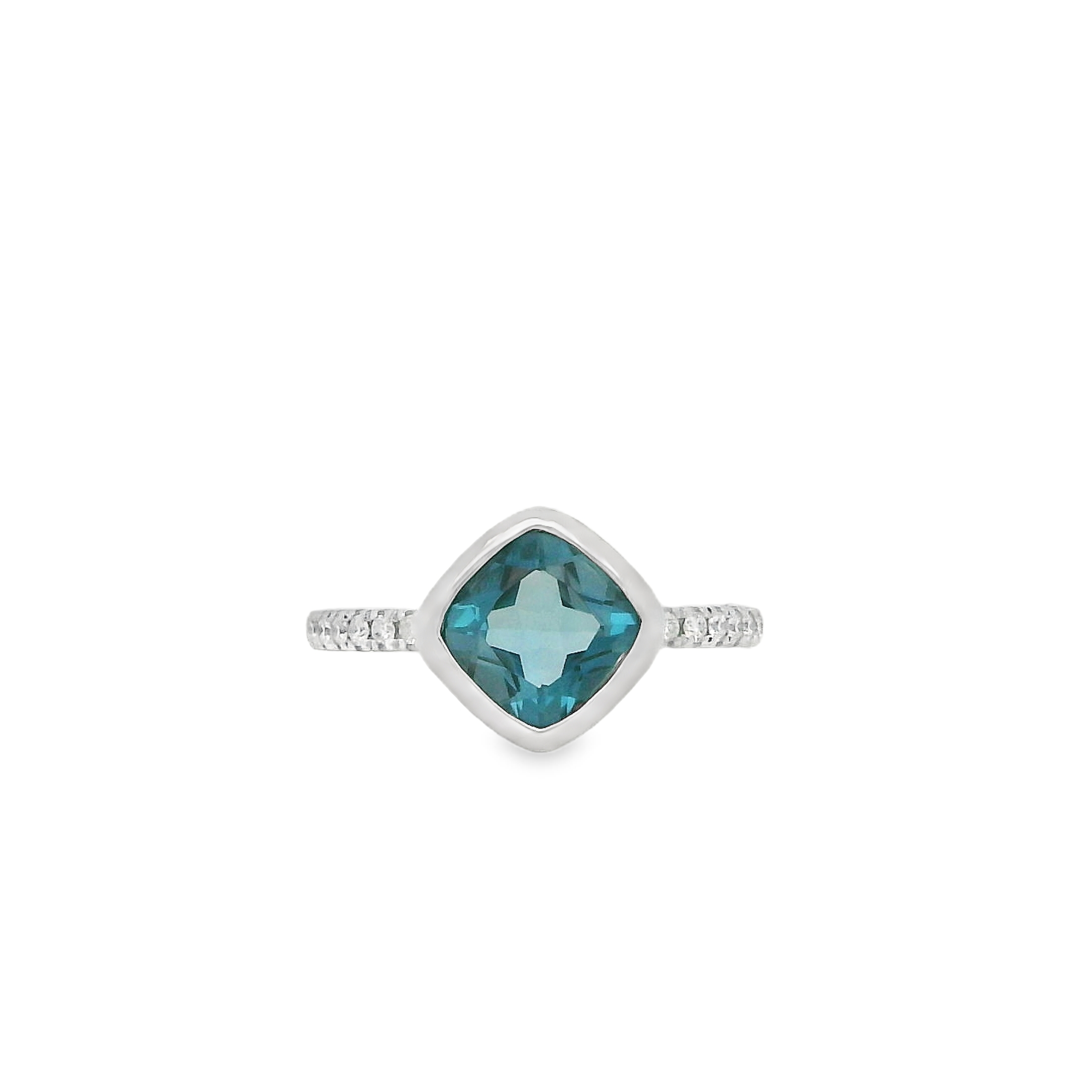 14K WHITE GOLD BEZEL RING SIZE 7 WITH ONE = 2.03CT CUSHION LONDON BLUE TOPAZ AND 14 = 0.13TW ROUND I-J I1-I2 DIAMONDS