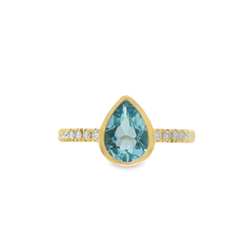14K YELLOW GOLD BEZEL RING SIZE 7 WITH ONE = 1.33CT PEAR BLUE TOPAZ AND 14 = 0.13TW ROUND H SI2-I1 DIAMONDS   (2.71 GRAMS)