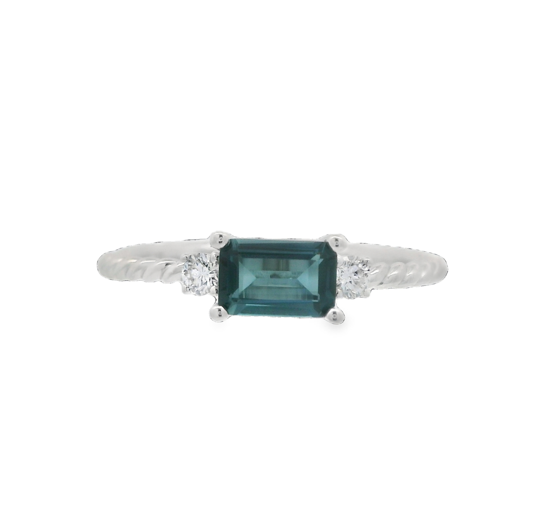 14K WHITE GOLD ROPE 3 STONE RING SIZE 7 WITH ONE = 0.69CT EMERALD BLUE TOPAZ AND 2 = 0.10TW ROUND H SI1-SI2 DIAMONDS  (1.86 GRAMS)
