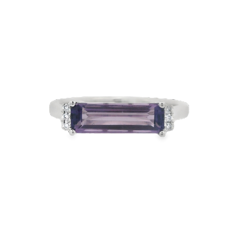 14K WHITE GOLD RING SIZE 7 WITH ONE = 1.25CT BAGUETTE AMETHYST AND 6 = 0.04TW ROUND H SI2 DIAMONDS   (2.40 GRAMS)