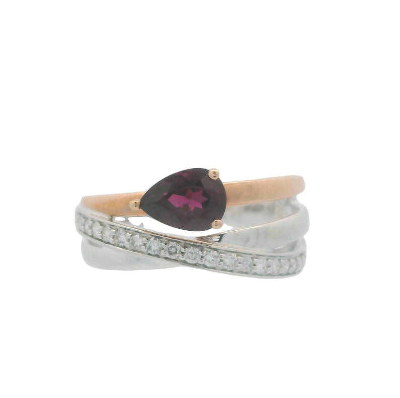 14K WHITE & ROSE GOLD CRISSCROSS RING SIZE 7 WITH ONE = 1.05CT PEAR RHODOLITE GARNET AND 19 = 0.20TW ROUND G-H SI1 DIAMONDS   (4.99 GRAMS)