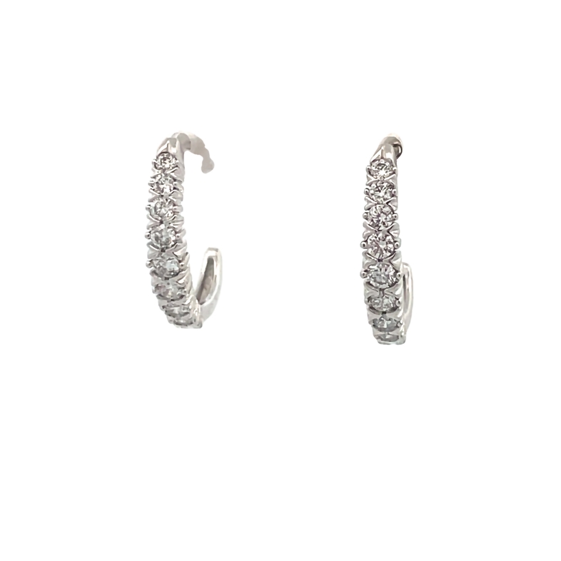 14 KARAT WHITE GOLD J HOOP DIAMOND EARRINGS WITH 18=0.51TW ROUND H-I I1-I2 DIAMONDS   (2.87 GRAMS)